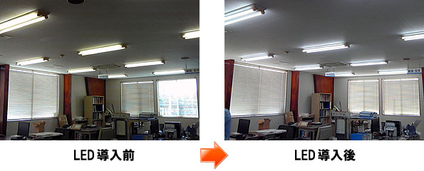 LED導入前とLED導入後の写真を比較してみて下さい。明るさが全然違います。
